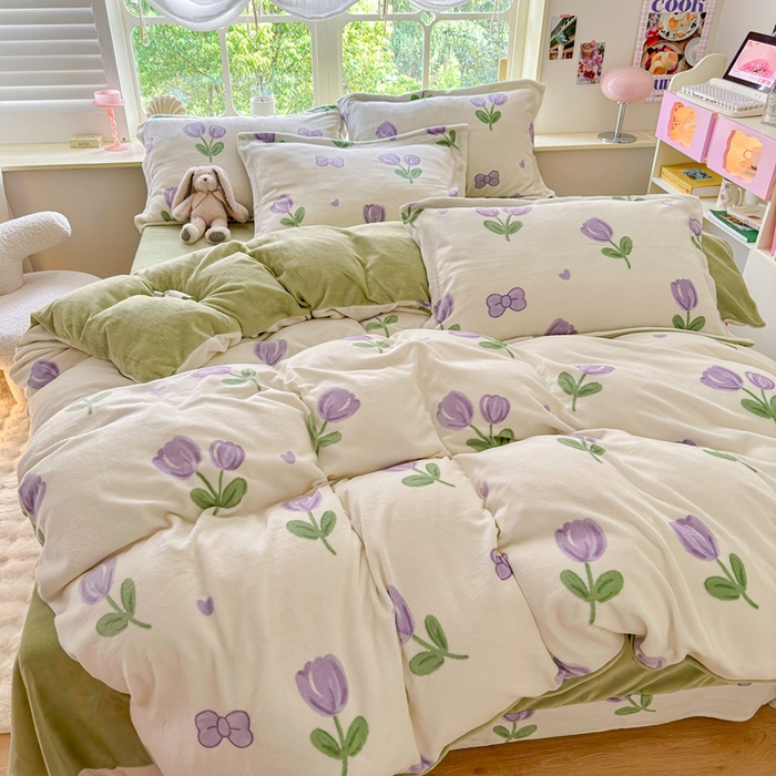 91家纺网 家纺一手货源 找家纺 呗旺鹿 2023新款高克重加厚印花牛奶绒四件套直播 郁金香