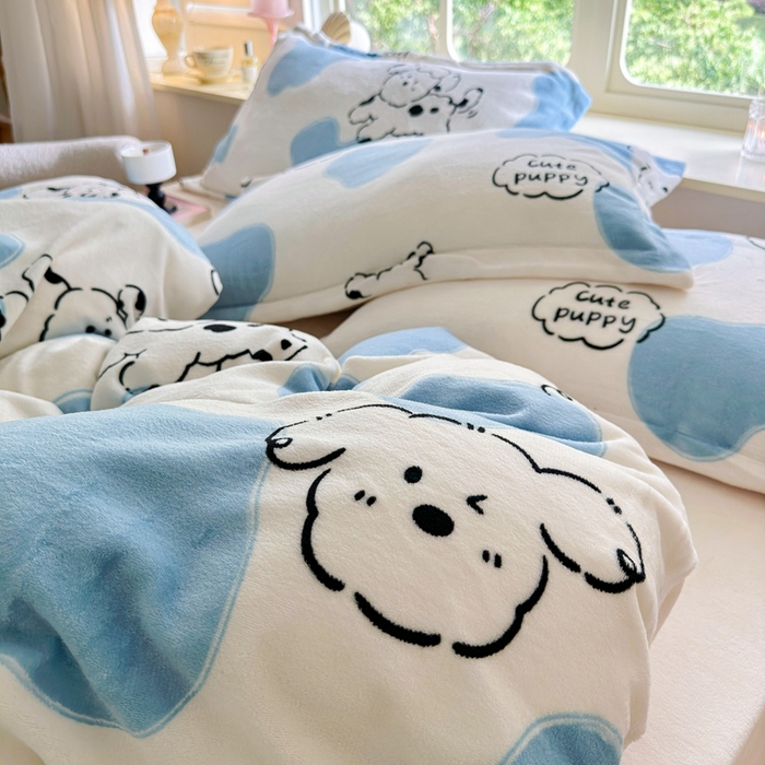 91家纺网 家纺一手货源 找家纺 呗旺鹿 2023新款高克重加厚印花牛奶绒四件套直播 顽皮狗