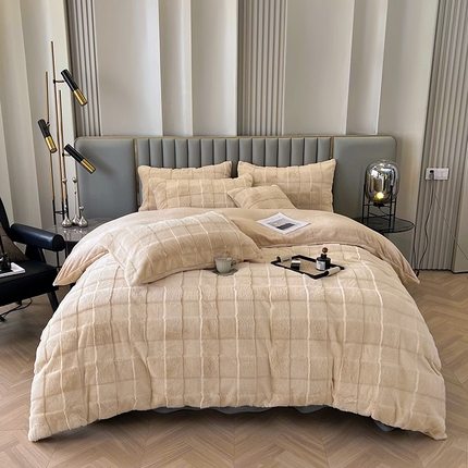 铠畅家纺 2023爆款9斤獭兔毛绒兔兔绒剪花牛奶绒四件套-大格子系列 大格子卡其