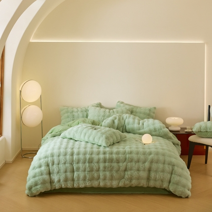 91家纺网 家纺一手货源 找家纺 铠畅2023款高端A类580克獭兔毛11-12斤皮草双面加厚牛奶绒兔兔绒大泡泡系列四件套 大泡泡水果绿