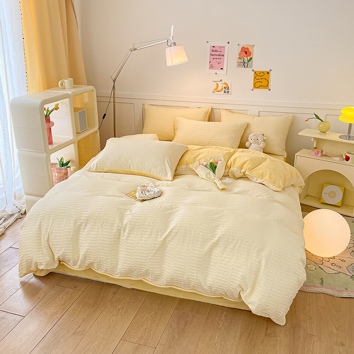 91家纺网 家纺一手货源 找家纺 雅居纺家纺 2023新款全棉泡泡纱牛奶绒四件套 泡泡纱+绒-奶酪黄