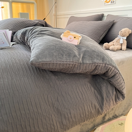 雅居纺家纺 2023新款全棉泡泡纱牛奶绒四件套 泡泡纱+绒-现代黑