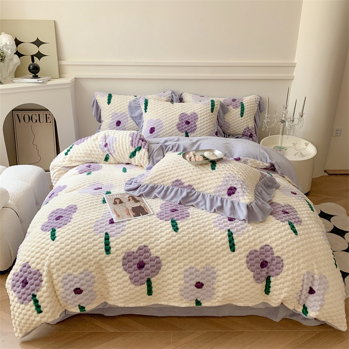 91家纺网 家纺一手货源 找家纺 潘朵拉 2023年新款豆豆绒花边牛奶绒四件套 紫烟