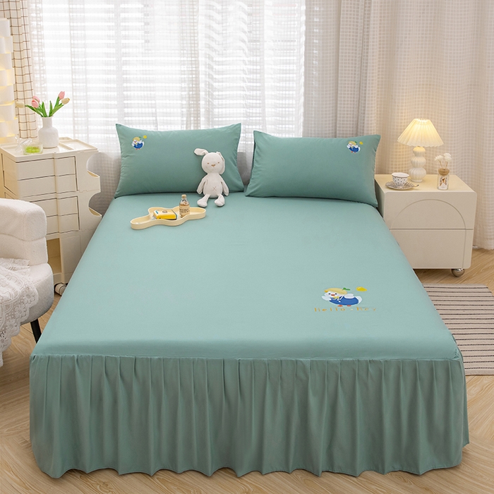 91家纺网 家纺一手货源 找家纺 极梦家纺（支持定制） 2025新款韩版纯色卡通单床裙三件套素色 薄荷小鸭