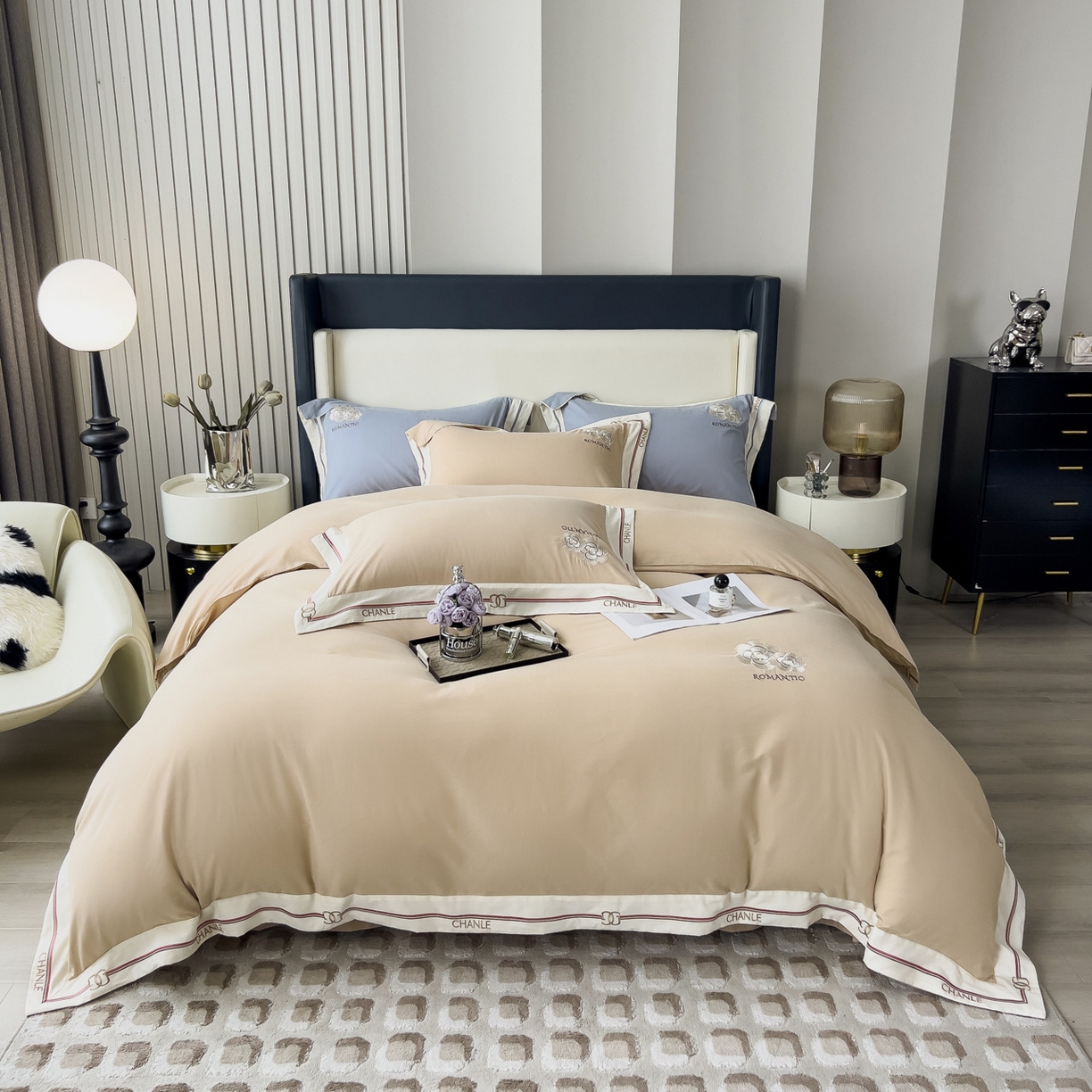 91家纺网 家纺一手货源 找家纺 嘉汀兰家居 2023秋冬新品100支超细磨毛轻奢四件套—COCO小姐 卡其