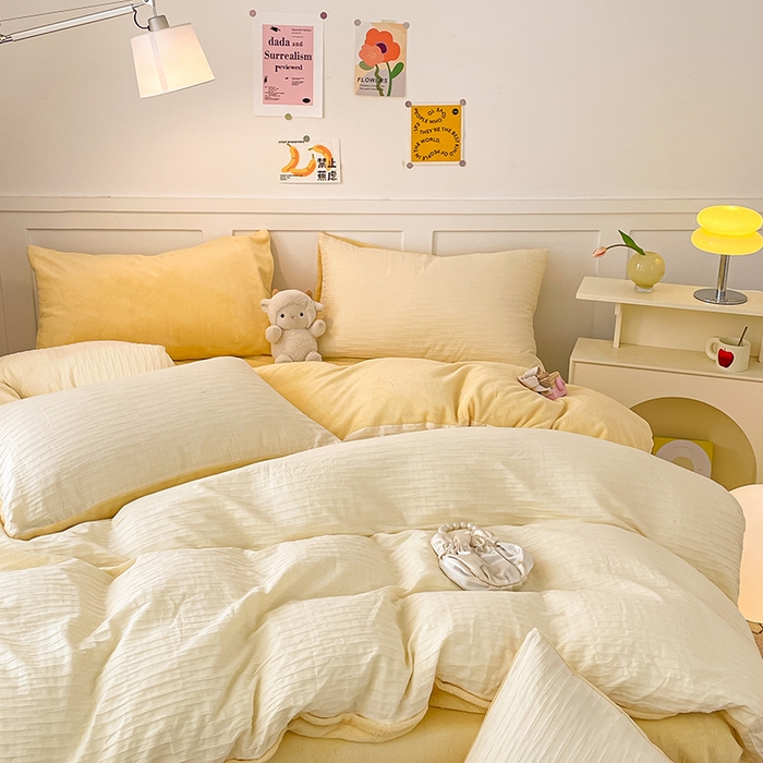 91家纺网 家纺一手货源 找家纺 雅居纺家纺 2023新款全棉泡泡纱牛奶绒四件套 泡泡纱+绒-奶酪黄