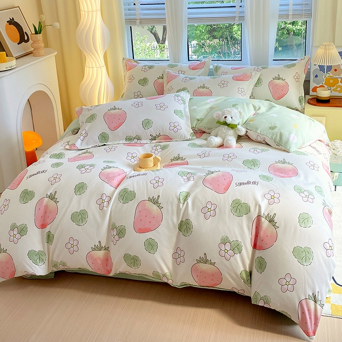 91家纺网 家纺一手货源 找家纺 艾橙家纺 2023新款秋冬新款140g植物羊绒磨毛四件套 仙仙草莓