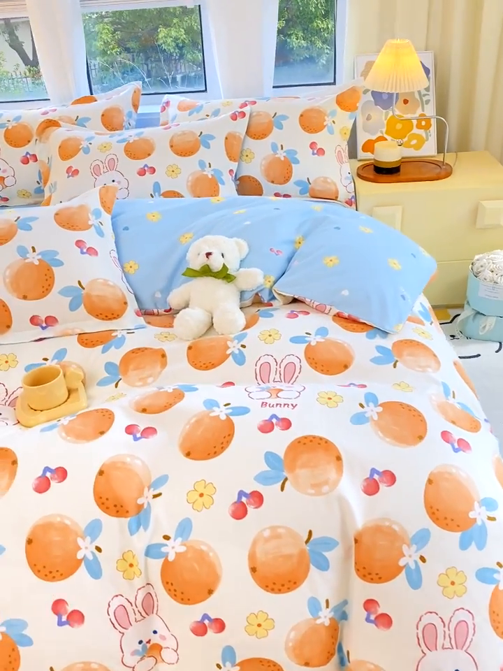 91家纺网 家纺一手货源 找家纺 艾橙家纺 2023新款秋冬新款140g植物羊绒磨毛四件套 甜橙兔