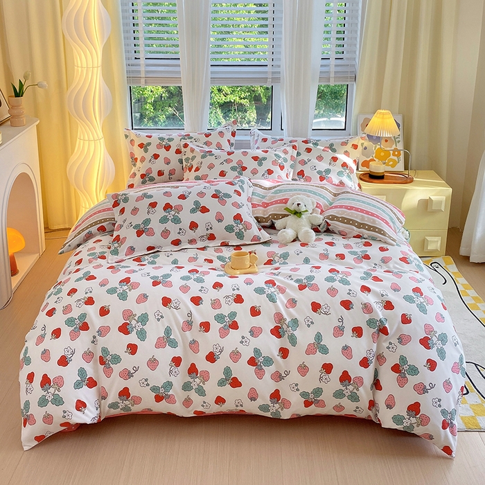 91家纺网 家纺一手货源 找家纺 艾橙家纺 2023新款秋冬新款140g植物羊绒磨毛四件套 夏日草莓