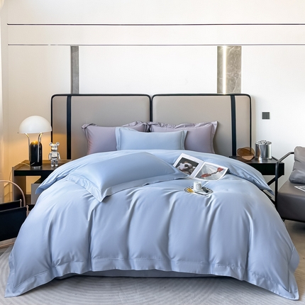 91家纺网 家纺一手货源 找家纺 嘉汀兰家居 2023秋冬新品100支双股长绒棉埋绳纯色四件套-卡西欧系列 浅蓝