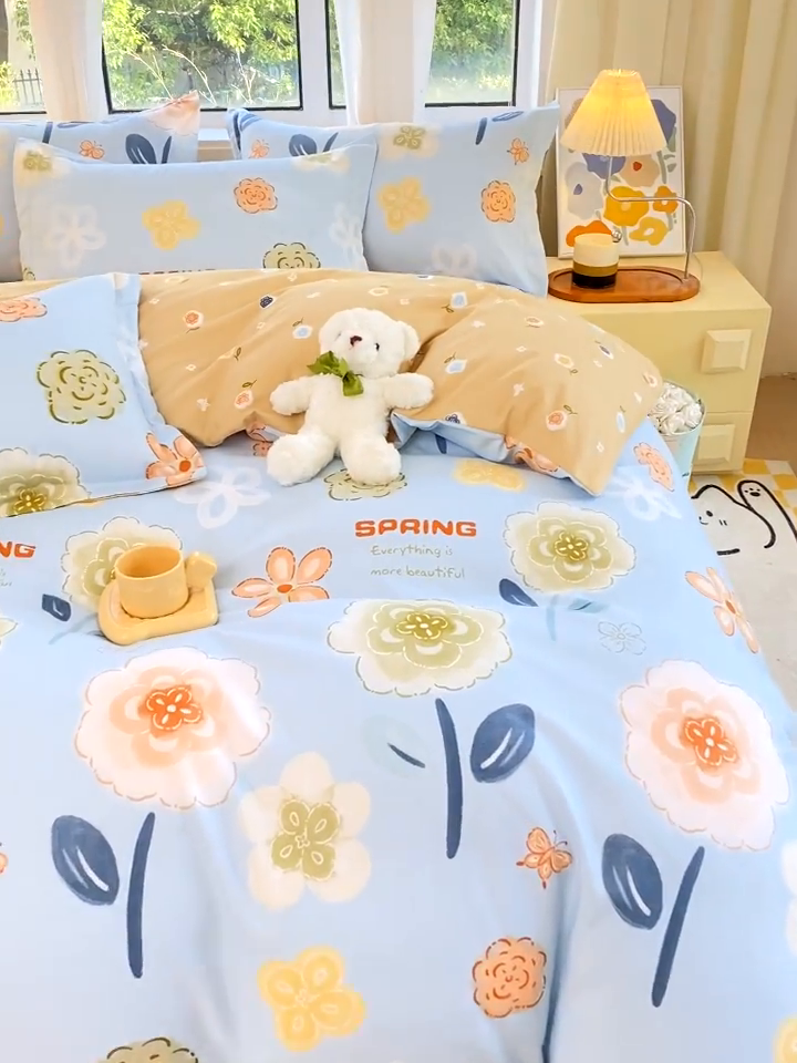 91家纺网 家纺一手货源 找家纺 艾橙家纺 2023新款秋冬新款140g植物羊绒磨毛四件套 花儿乐团