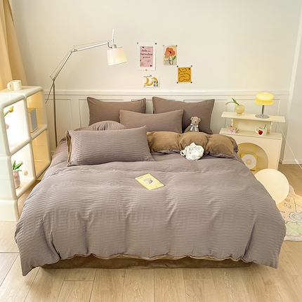 雅居纺家纺 2023新款全棉泡泡纱牛奶绒四件套 泡泡纱+绒-魔幻咖