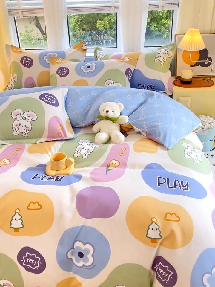 91家纺网 家纺一手货源 找家纺 艾橙家纺 2023新款秋冬新款140g植物羊绒磨毛四件套 童年趣事