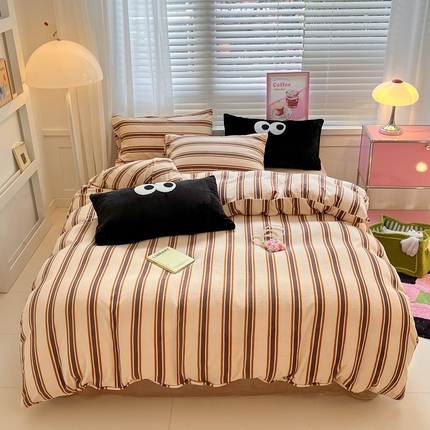 雅居纺家纺 2023新款毛巾绣混搭牛奶绒四件套 混搭咖条