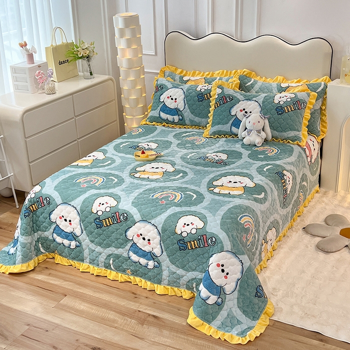 91家纺网 家纺一手货源 找家纺 美达 2025新款A类牛奶绒夹棉床盖 彩虹狗狗-绿