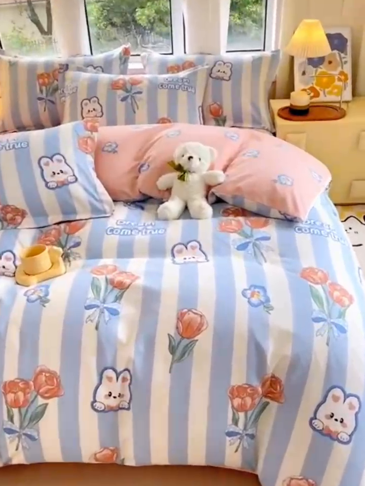 91家纺网 家纺一手货源 找家纺 艾橙家纺 2023新款秋冬新款140g植物羊绒磨毛四件套 绵绵小兔