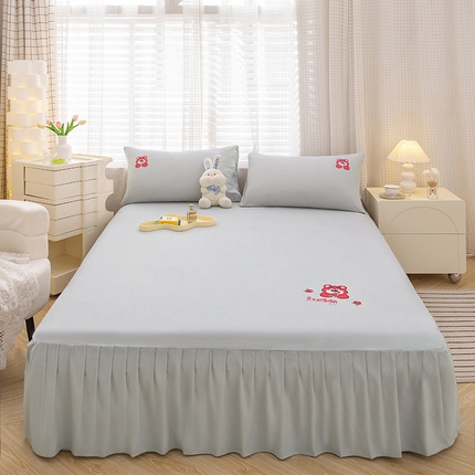 极梦家纺（支持定制） 2025新款韩版纯色卡通单床裙三件套素色 浅灰可爱熊
