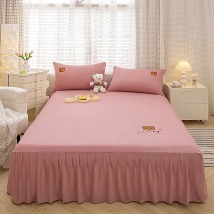 极梦家纺（支持定制） 2025新款韩版纯色卡通单床裙三件套素色 豆沙小熊