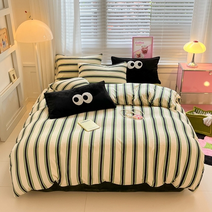 雅居纺家纺 2023新款毛巾绣混搭牛奶绒四件套 混搭绿条