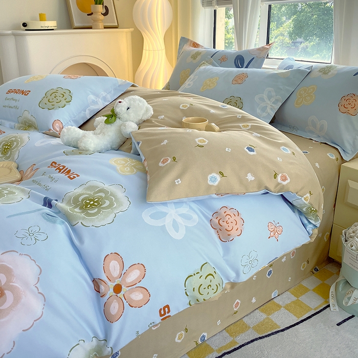 91家纺网 家纺一手货源 找家纺 艾橙家纺 2023新款秋冬新款140g植物羊绒磨毛四件套 花儿乐团