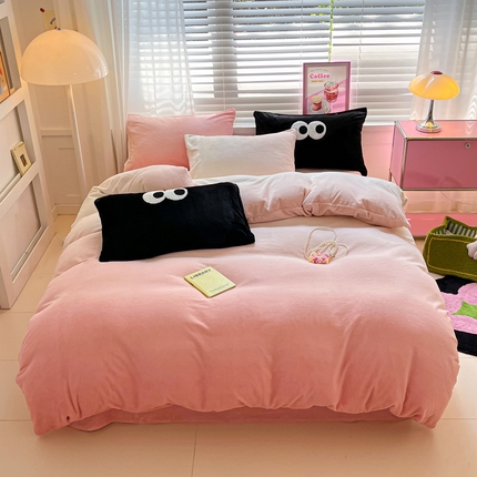 雅居纺家纺 2023新款毛巾绣混搭牛奶绒四件套 渐变混搭粉