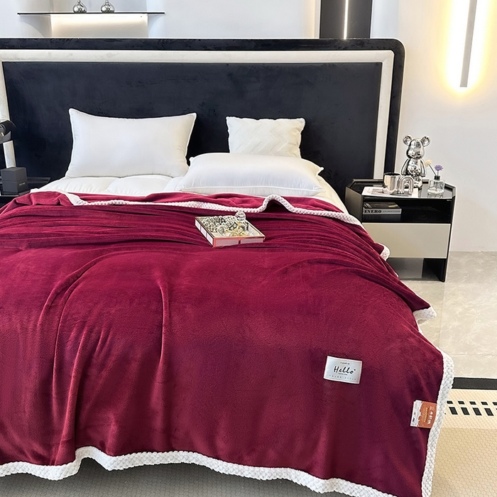 91家纺网 家纺一手货源 找家纺 2023新款400g高克重纯色双面牛奶绒毛毯盖毯毯子 酒红色