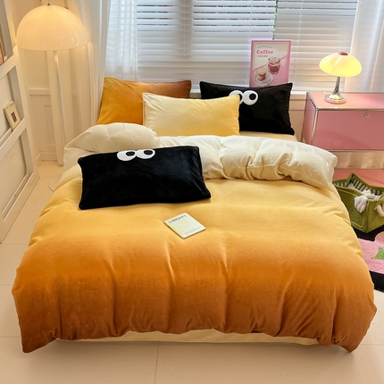 91家纺网 家纺一手货源 找家纺 雅居纺家纺 2023新款毛巾绣混搭牛奶绒四件套 渐变混搭黄