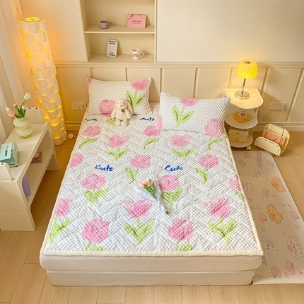 澳梵家居 2023新款豆豆绒夹棉床护垫 粉色郁金香