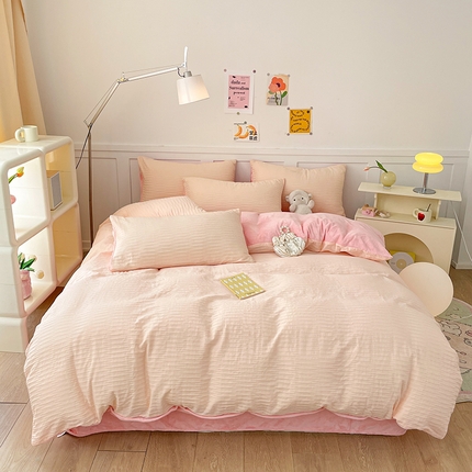 雅居纺家纺 2023新款全棉泡泡纱牛奶绒四件套 泡泡纱+绒-少女粉