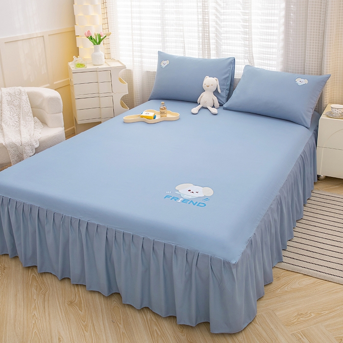 91家纺网 家纺一手货源 找家纺 极梦家纺（支持定制） 2025新款韩版纯色卡通单床裙三件套素色 布丁狗崽