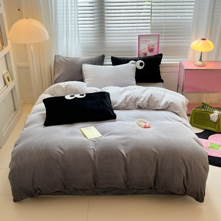 雅居纺家纺 2023新款毛巾绣混搭牛奶绒四件套 渐变混搭灰
