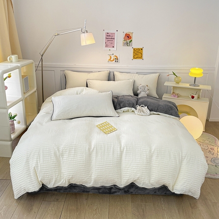 雅居纺家纺 2023新款全棉泡泡纱牛奶绒四件套 泡泡纱+绒-典雅白灰