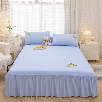 极梦家纺（支持定制） 2025新款韩版纯色卡通单床裙三件套素色 天蓝小恐龙