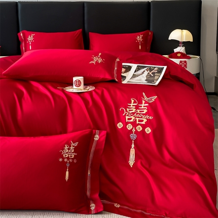 91家纺网 家纺一手货源 找家纺 （总）床绮 2024新款40s全棉婚庆刺绣四件套