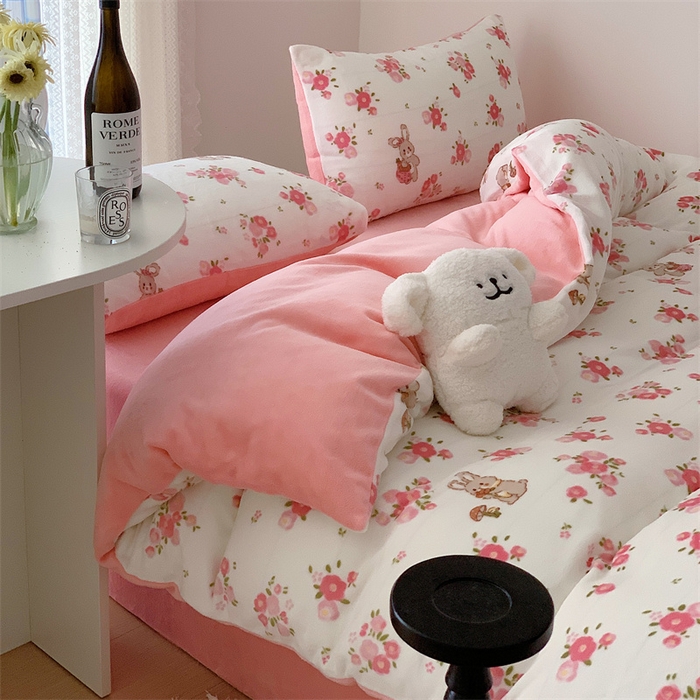 91家纺网 家纺一手货源 找家纺 美乐迪家纺 2023秋冬新款保暖牛奶绒四件套 花园小兔