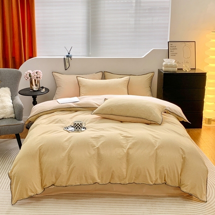 91家纺网 家纺一手货源 找家纺 柠馨 2023贝壳边全棉水洗棉牛奶绒四件套含买家秀 贝壳棉绒黄细条