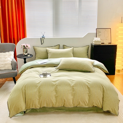 91家纺网 家纺一手货源 找家纺 柠馨 2023贝壳边全棉水洗棉牛奶绒四件套含买家秀 贝壳棉绒绿条纹