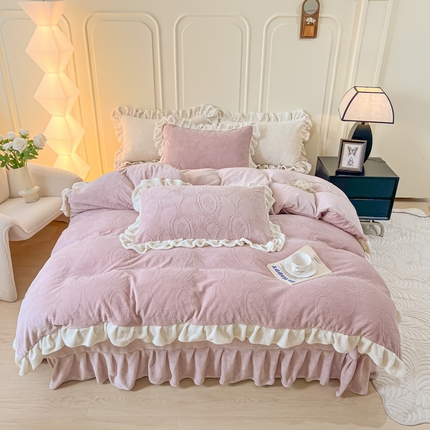 91家纺网 家纺一手货源 找家纺 十里居 2023新款230克雕花韩版床裙牛奶绒四件套 清新-豆沙