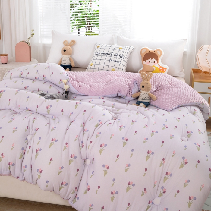 91家纺网 家纺一手货源 找家纺 天瑜家纺2023新款针织豆豆绒冬被系列 小郁金香