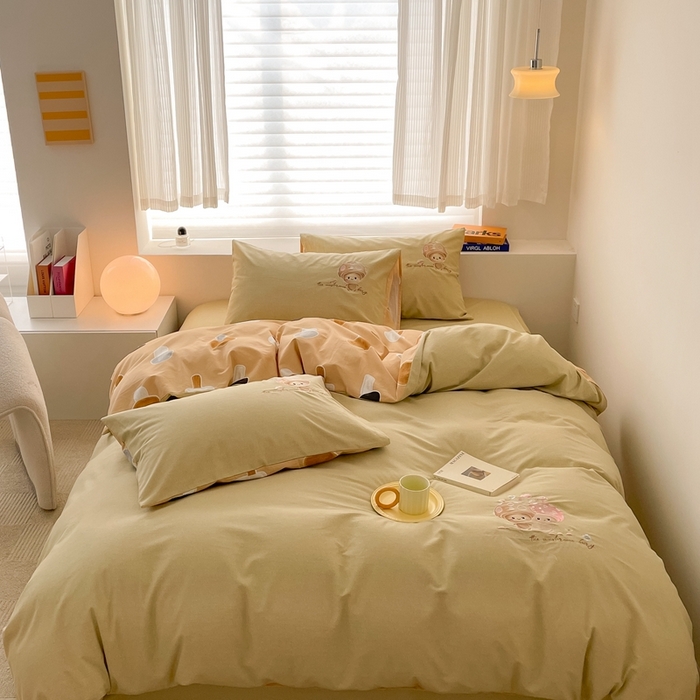 91家纺网 家纺一手货源 找家纺 蜜柚 2024新款全棉高支高密活性磨毛小清新绣花四件套 小蘑菇