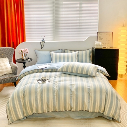 91家纺网 家纺一手货源 找家纺 柠馨 2023贝壳边全棉水洗棉牛奶绒四件套含买家秀 贝壳棉绒中古蓝条纹