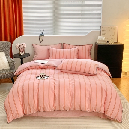 91家纺网 家纺一手货源 找家纺 柠馨 2023贝壳边全棉水洗棉牛奶绒四件套含买家秀 贝壳棉绒粉条纹