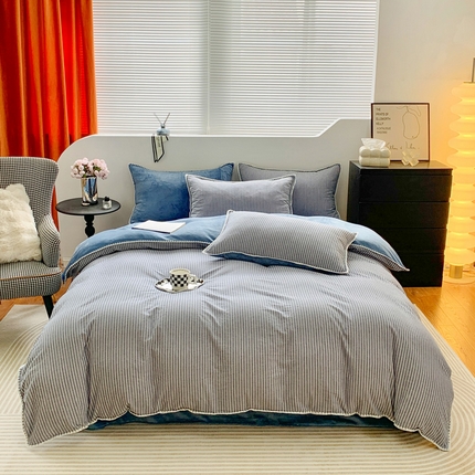 91家纺网 家纺一手货源 找家纺 柠馨 2023贝壳边全棉水洗棉牛奶绒四件套含买家秀 贝壳棉绒布鲁兰条纹