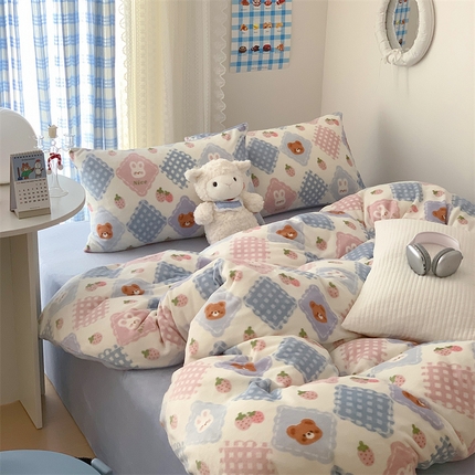 美乐迪家纺 2023秋冬新款保暖牛奶绒四件套 兔与熊