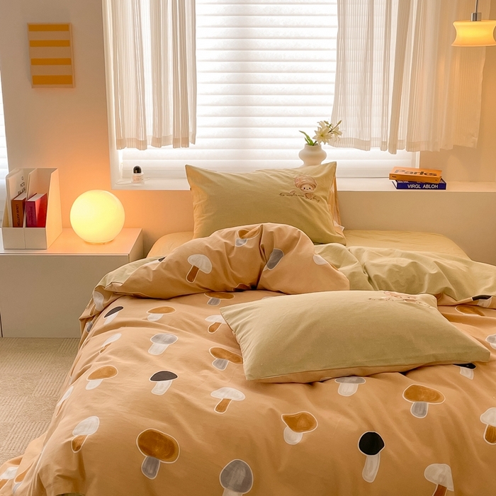 91家纺网 家纺一手货源 找家纺 蜜柚 2024新款全棉高支高密活性磨毛小清新绣花四件套 小蘑菇