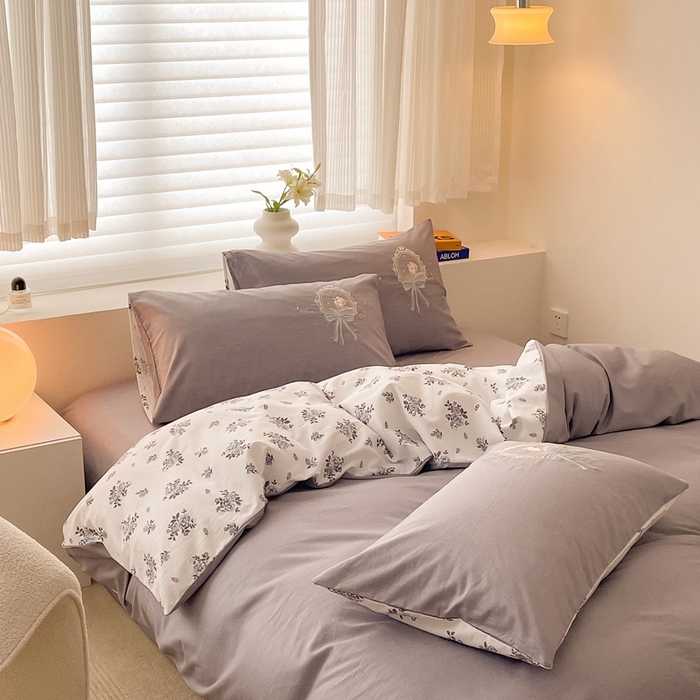 91家纺网 家纺一手货源 找家纺 蜜柚 2024新款全棉高支高密活性磨毛小清新绣花四件套 薰衣草