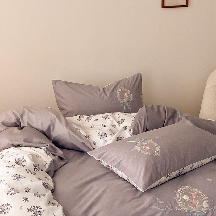 91家纺网 家纺一手货源 找家纺 蜜柚 2024新款全棉高支高密活性磨毛小清新绣花四件套 薰衣草