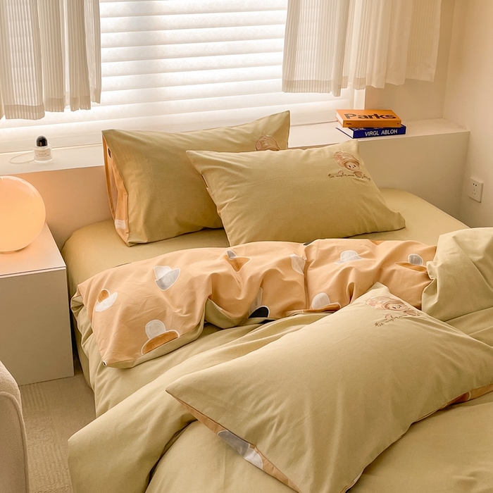 91家纺网 家纺一手货源 找家纺 蜜柚 2024新款全棉高支高密活性磨毛小清新绣花四件套 小蘑菇