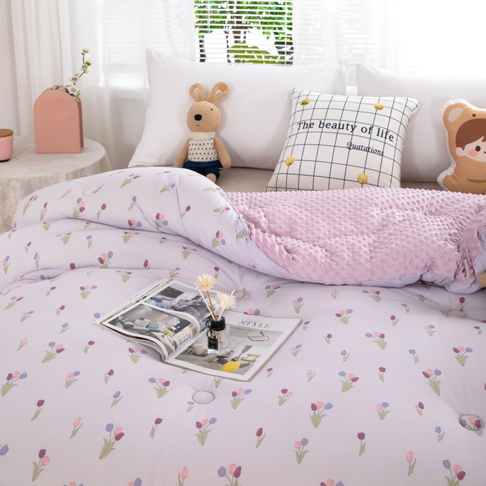 91家纺网 家纺一手货源 找家纺 天瑜家纺2023新款针织豆豆绒冬被系列 小郁金香