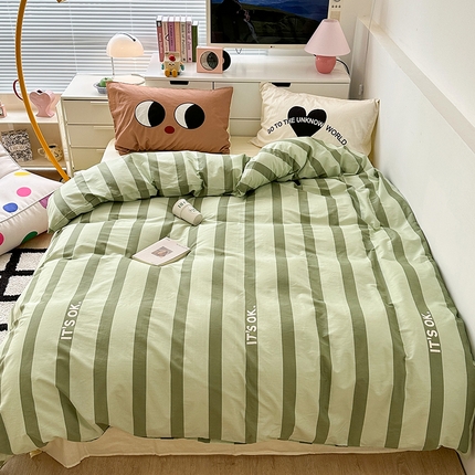 昔可家纺 2023新款全棉大版数码枕套四件套 绿条字母